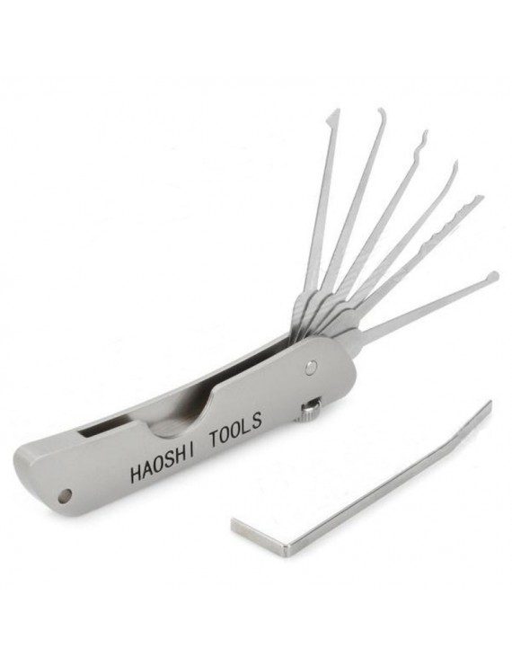 Haoshi 6-in-1 Multi-Functional Stainless Steel Pocket Folding Lock Pick Set for Civil Lock Silver
