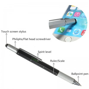 6-in-1 Metal multifunction Pen Screwdriver Stylus Ruler Spirit Level Black