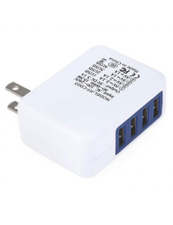 4 USB Ports Universal Charger AC Power Socket - US Plug, White & Blue