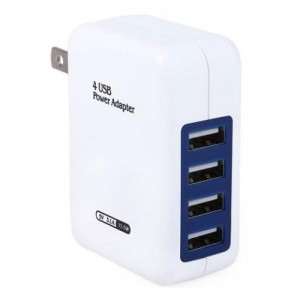 4 USB Ports Universal Charger AC Power Socket - US Plug, White & Blue