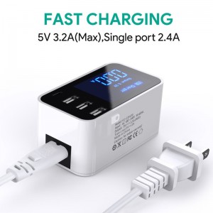 EU-Plug Quick Charge Smart Mobile USB Hub Charger Power Adapter Socket 3Port USB Type C Fast Charging Charger Wall Power Adapter Led Display Desktop Strip
