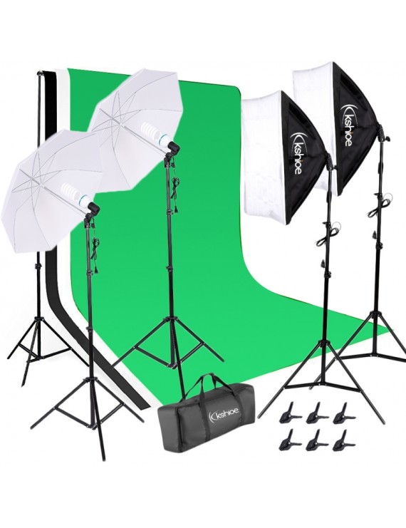 Kshioe 135W White Umbrellas Soft Light Box with Background Stand Muslim Cloth (Black & White & Green) Set US Standard