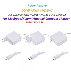 Power Adapter AC DC 100V-240V 1.5A 65W USB Type-C 20V 3.25A/20V(20.3V) 3A/15V 3A/12V 3A/9V 3A/5V 3A Compact Charger For Macbook/Xiaomi/Huawei
